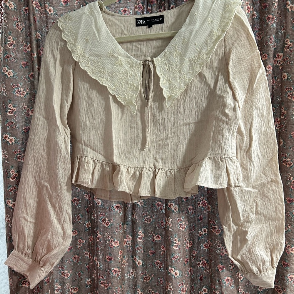 Zara Beige Ruffled Blouse with Lace Collar